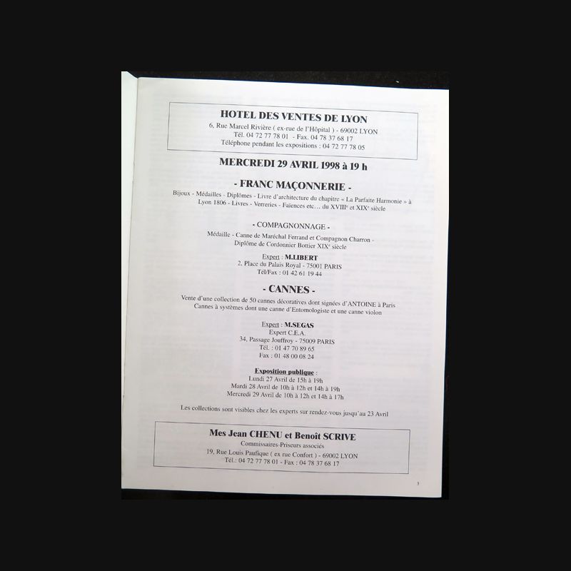 Catalogue vente aux enchères J. Chenu et B. Scrive Cannes Fran-maçonnerie Lyon 1998