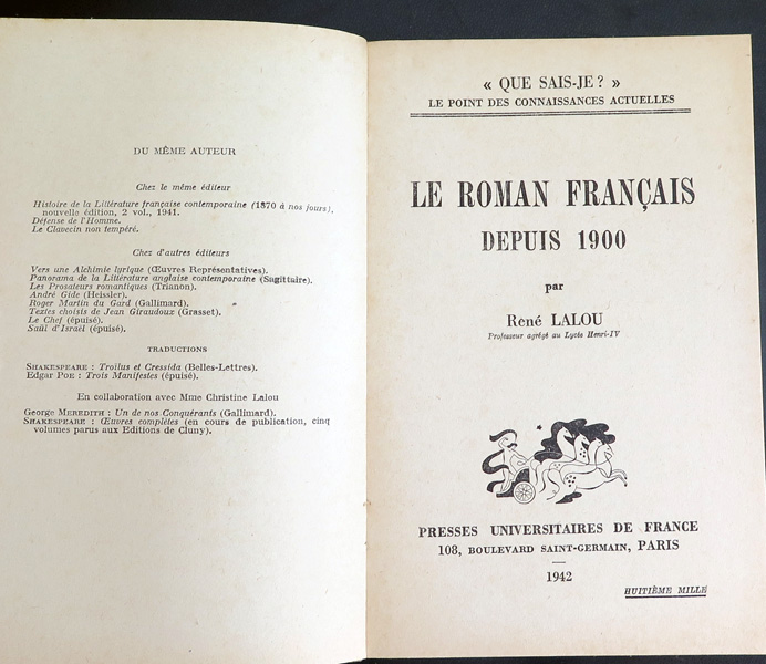 Que sais-je n° 49 : Le Roman Français depuis 1900 par René Lalou 1942 PUF