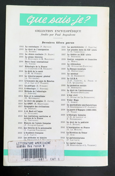 Que sais-je n° 407 : La Littérature américaine par Jacques-Fernand Cahen 1986 PUF
