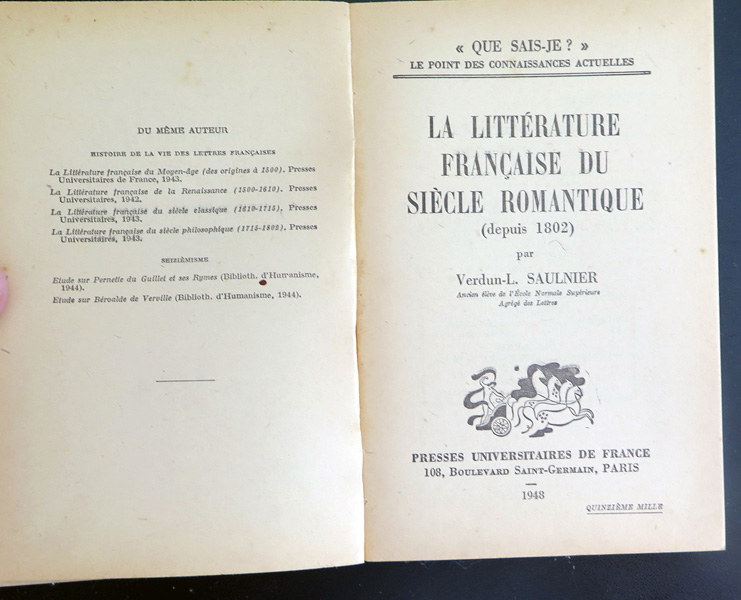 Que sais-je n° 156 : La Littérature du siècle romantique par V.-L. Saulnier 1948 PUF