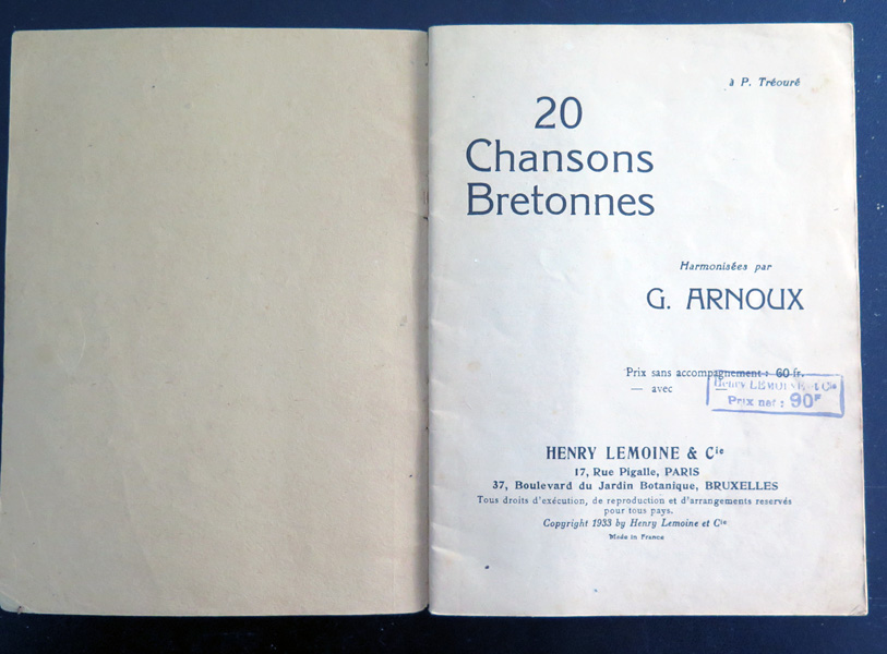 20 chansons bretonnes harmonisées par G. Arnoux 1933